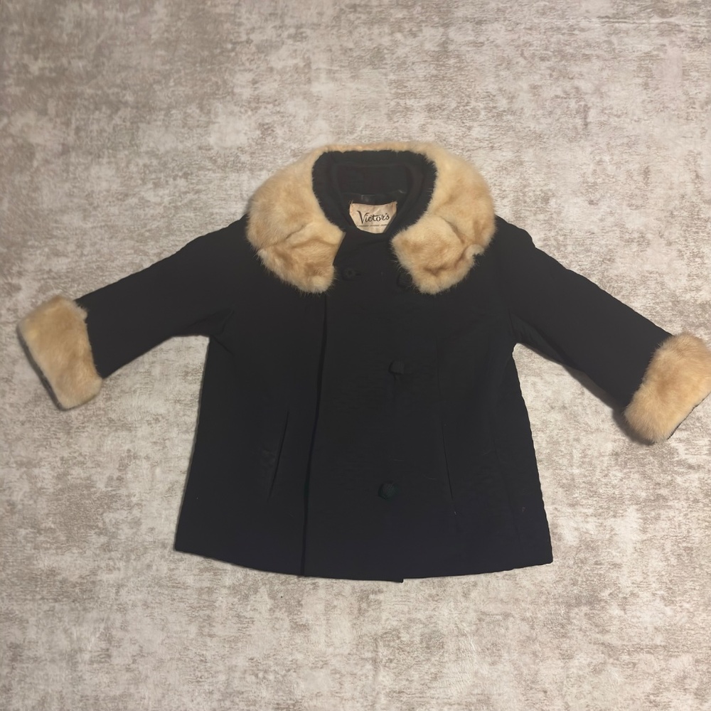 Vintage Tweed Black Jacket w/ White Mink Trim. Ladies XL Fur Coat. Vintage Mink.